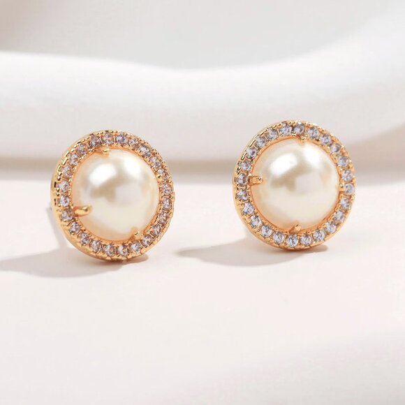 Alicia Bonnie The Real Me Pearl Earrings Halo Cubic Zirconia, 14K Gold Plated - Picture 1 of 6